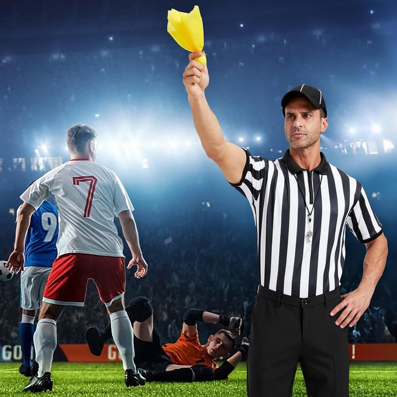 ComfyKit Men's Referee Costume Kit,Referee Shirt Stripe Umpire Jersey,Hat,Stainless Steel Whistle with Lanyard,Penalty Flag for Football Soccer Sports and Halloween Cosplay Outfits - Image 4